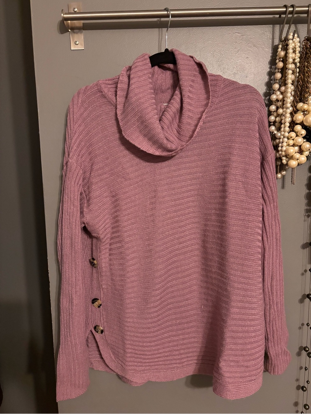 jason maxwell Mauve Ribbed Cowl Neck Sweater with Side Buttons